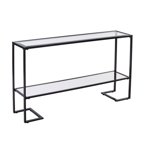 52" Clear and Black Glass Mirrored Sled Console Table With Shelves