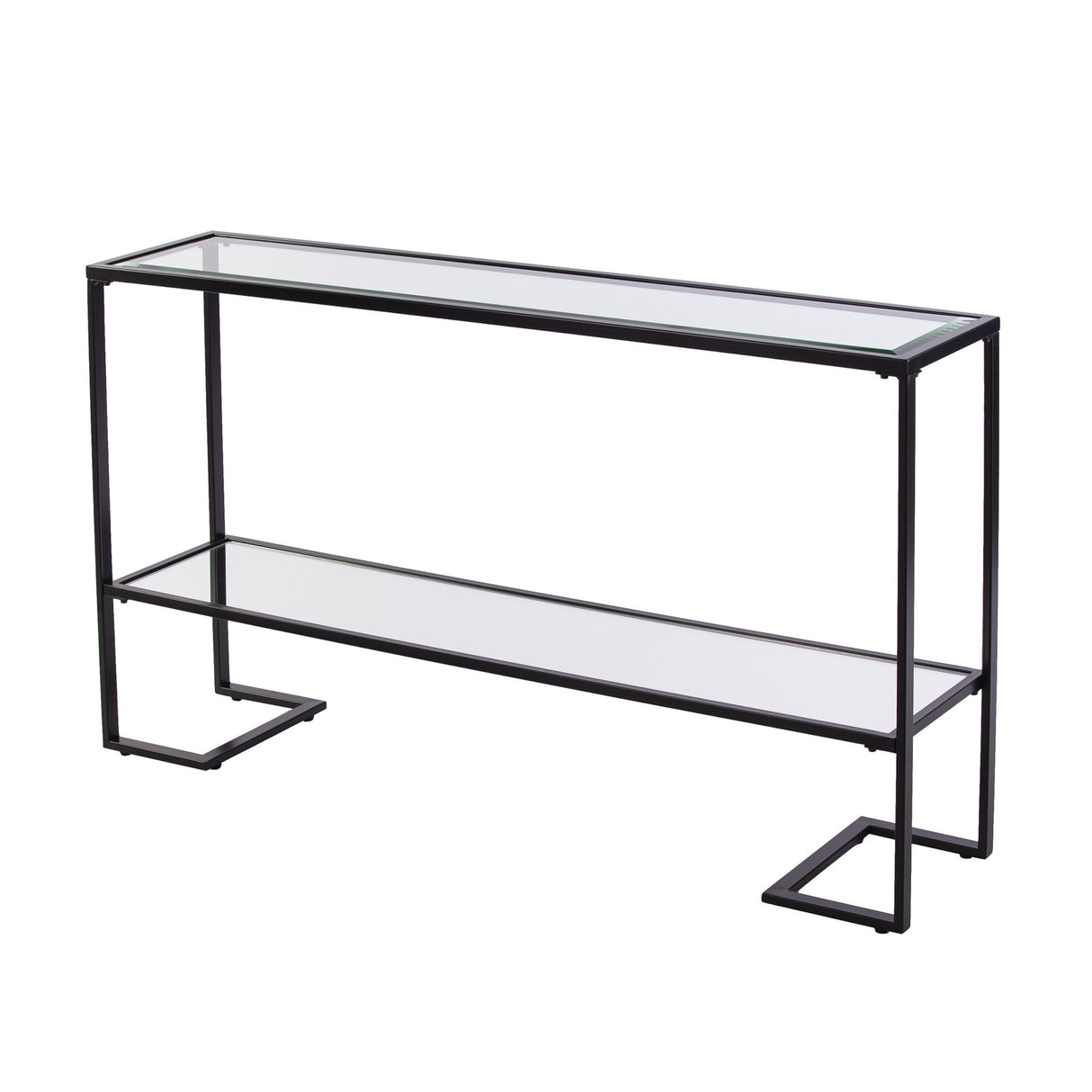 52" Clear and Black Glass Mirrored Sled Console Table With Shelves