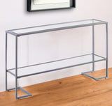 52" Clear and Silver Glass Sled Console Table With Shelves