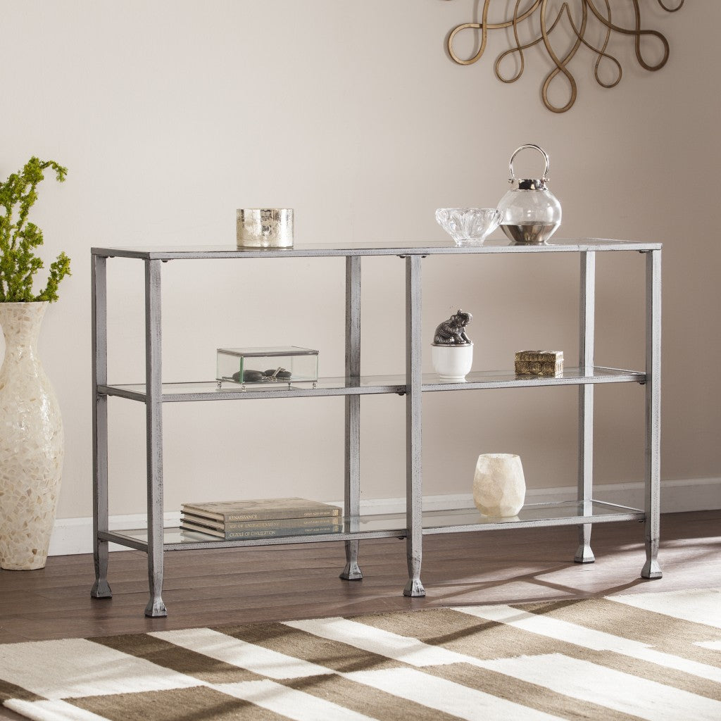 49" Clear and Silver Glass Distressed Frame Console Table With Shelves