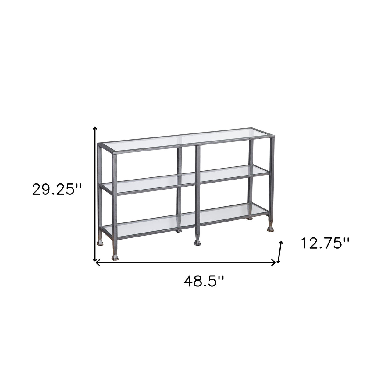 49" Clear and Silver Glass Distressed Frame Console Table With Shelves