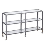 49" Clear and Silver Glass Distressed Frame Console Table With Shelves