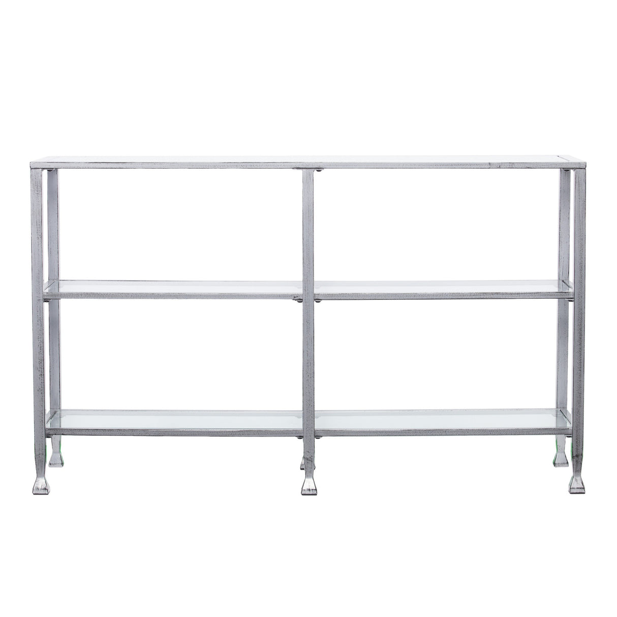 49" Clear and Silver Glass Distressed Frame Console Table With Shelves