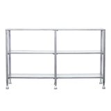 49" Clear and Silver Glass Distressed Frame Console Table With Shelves