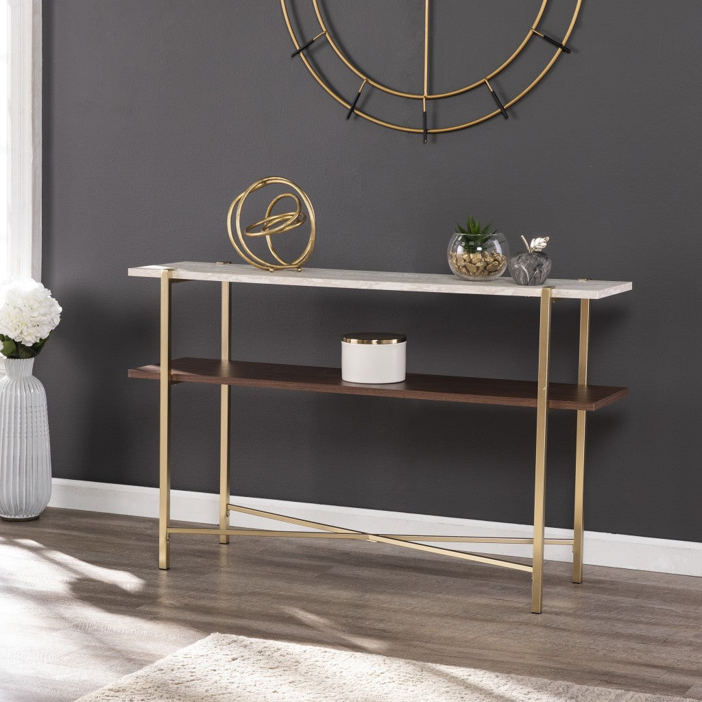 47" Beige and Gold Faux Marble Frame Console Table With Shelves