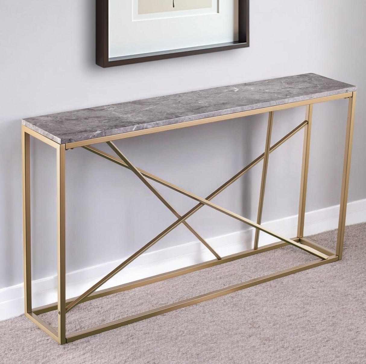 52" Gray and Gold Faux Marble Frame Console Table