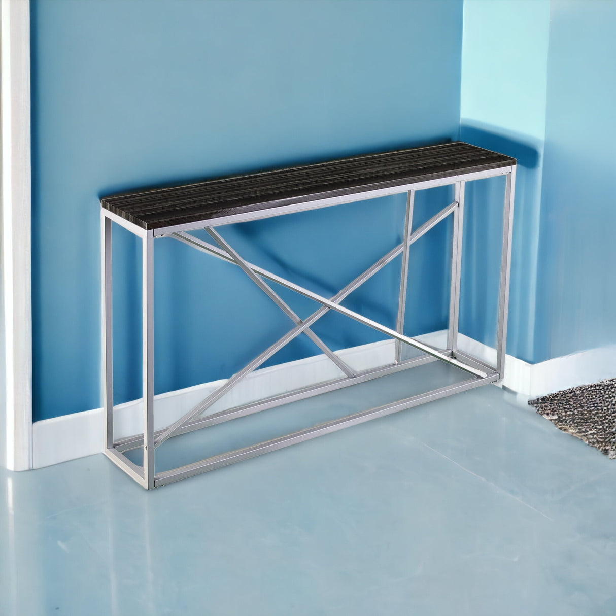 52" Black and Silver Faux Stone Frame Console Table