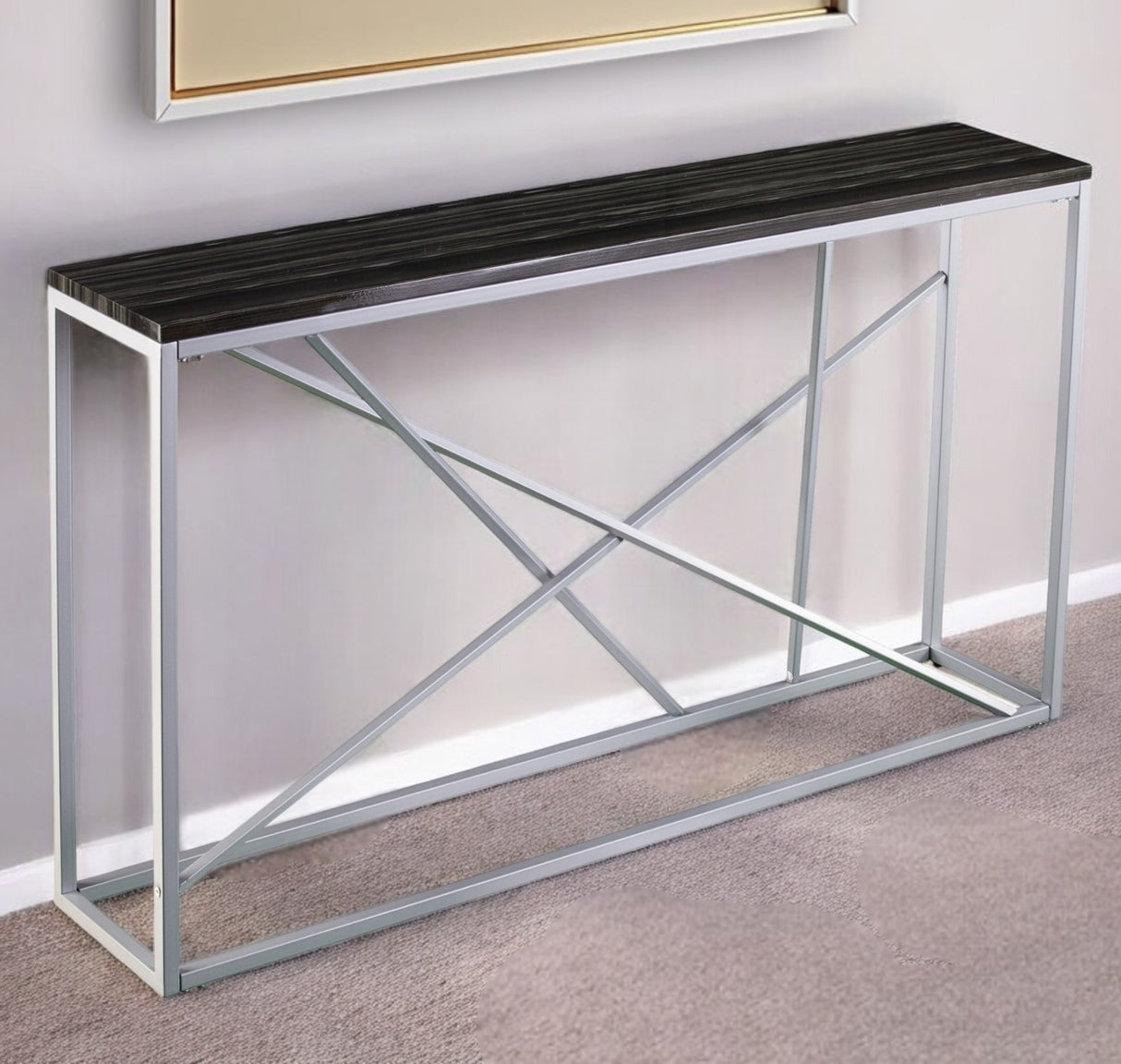 52" Black and Silver Faux Stone Frame Console Table