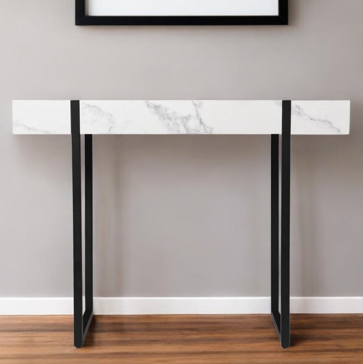 39" White and Black Faux Marble Sled Console Table