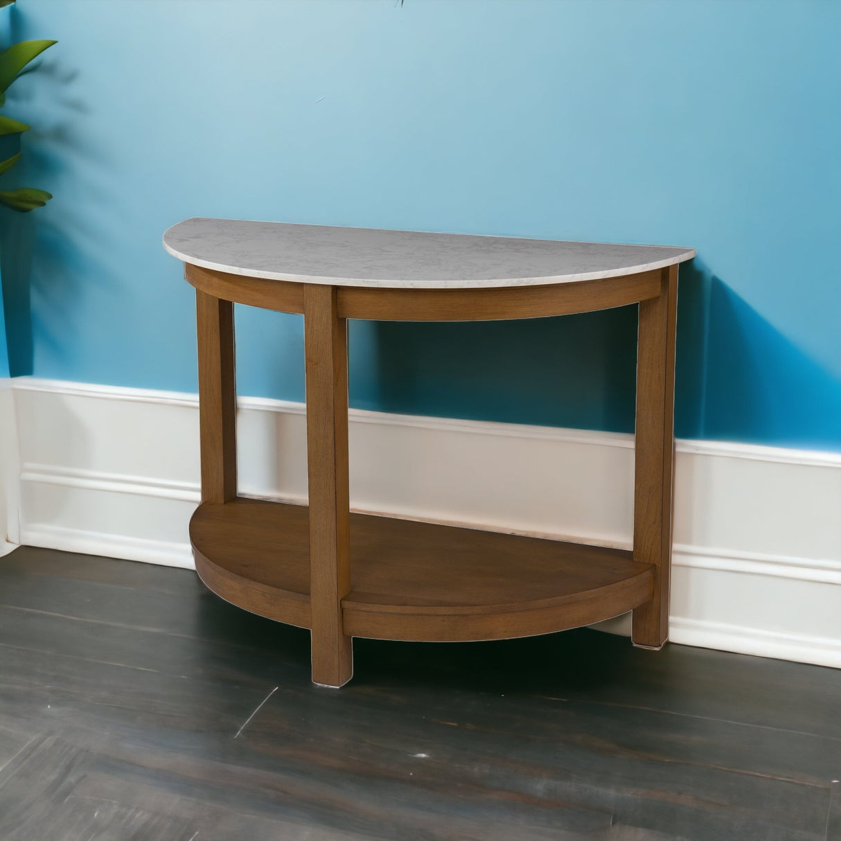 42" White and Natural Faux Marble Half Circle Three Leg Console Table With Storage