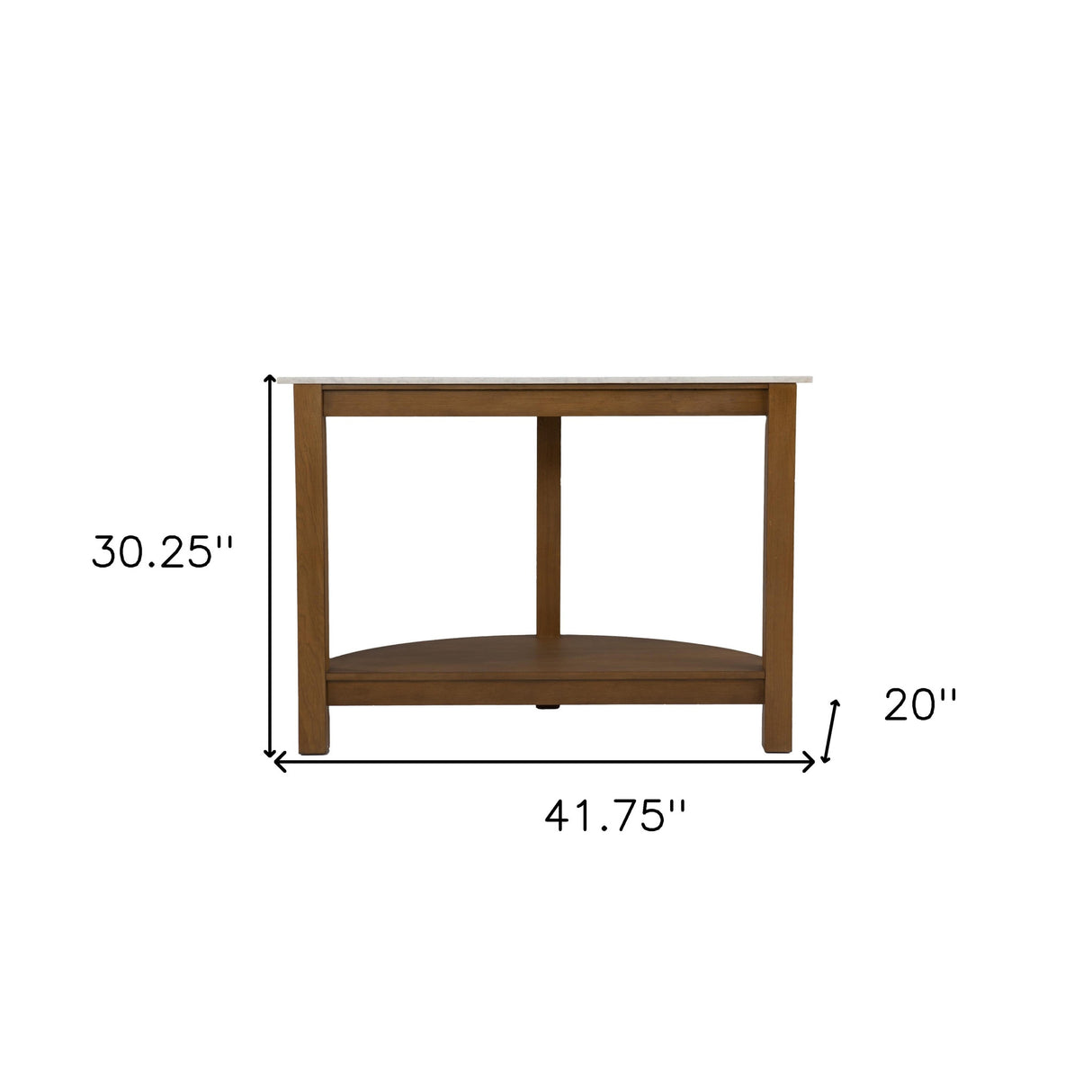 42" White and Natural Faux Marble Half Circle Three Leg Console Table With Shelves