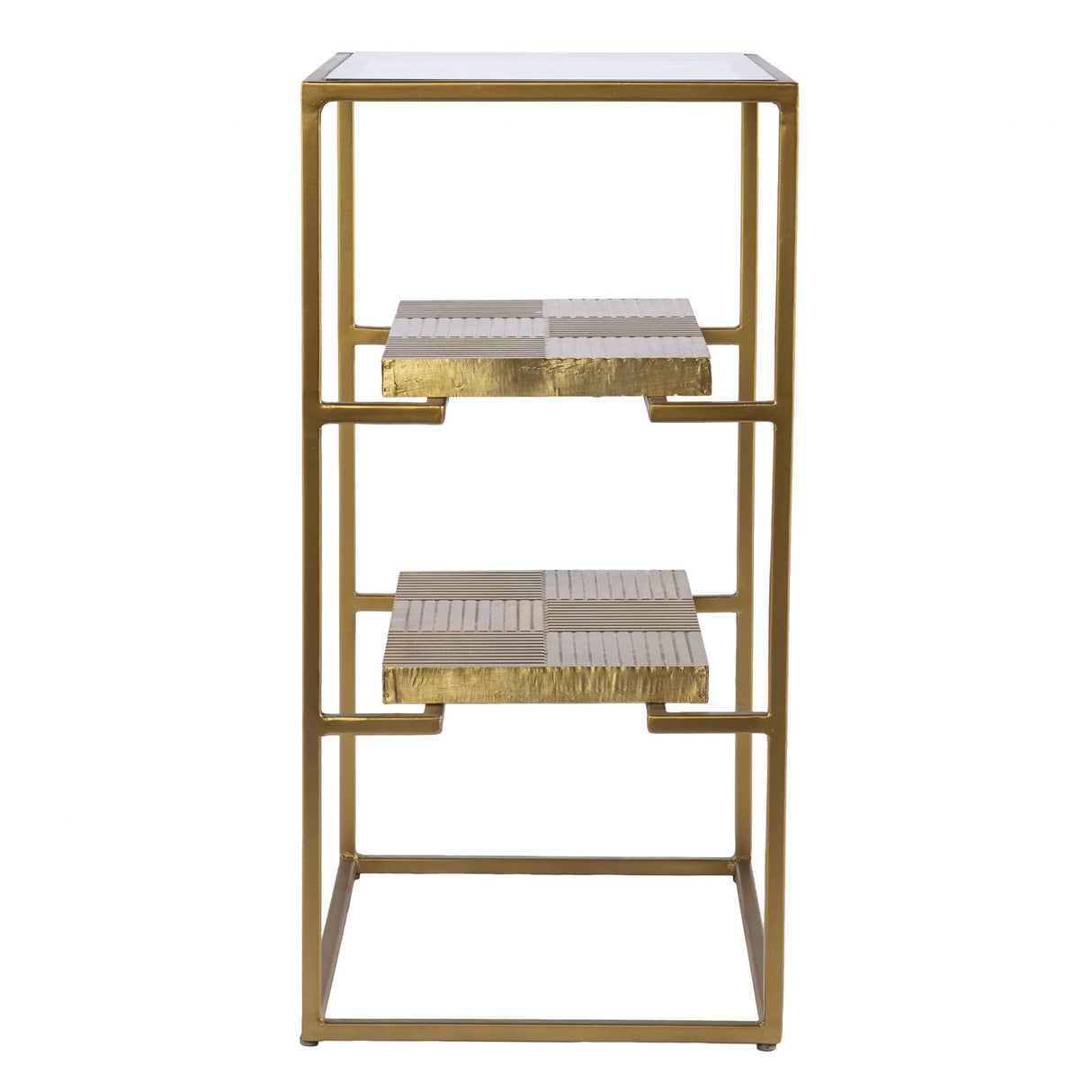 24" Brass Glass And Iron Rectangular End Table With Two Shelves