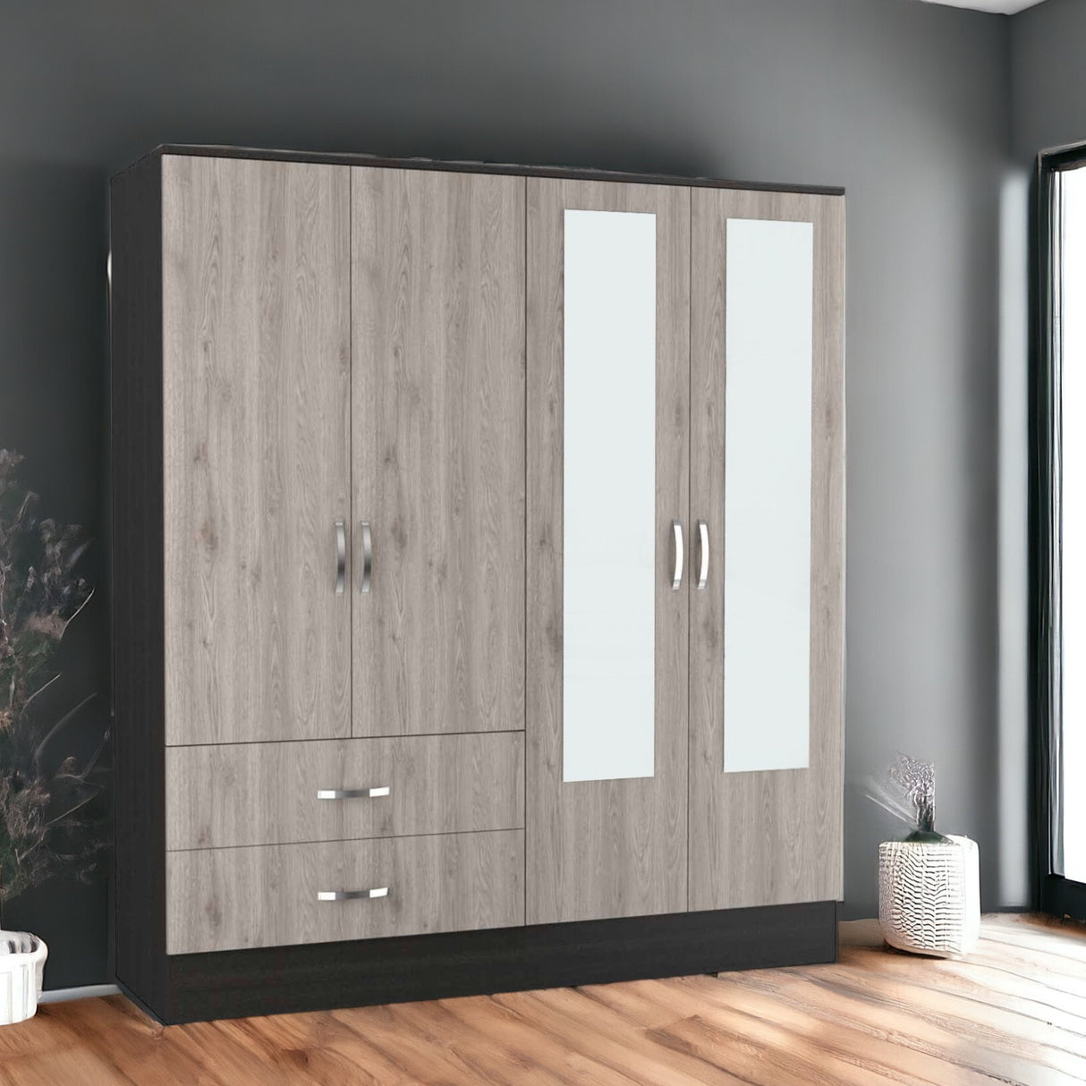 71" Light Oak and Black Four Door Wardrobe Closet with Mirrors