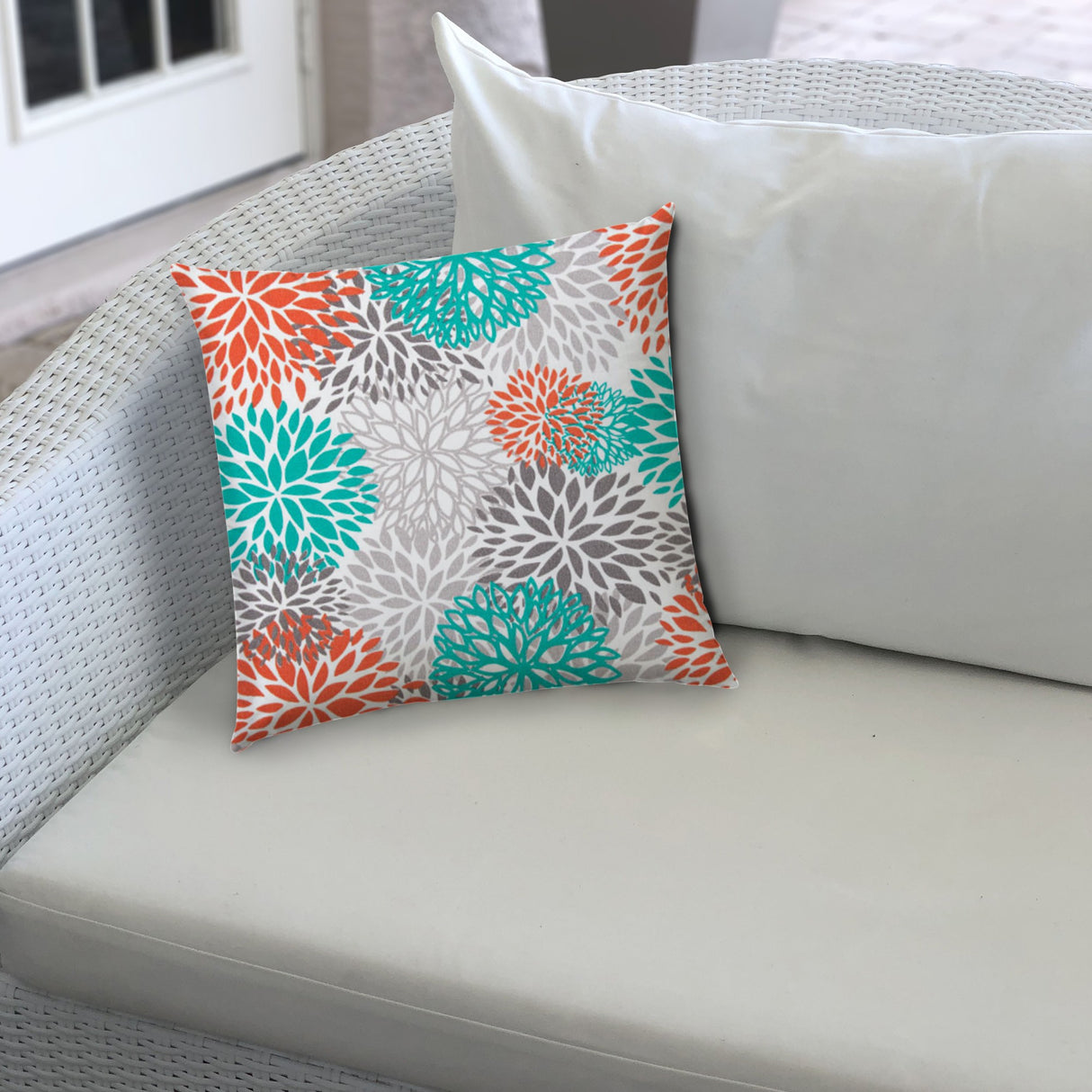 14" X 20" Orange And White Blown Seam Floral Lumbar Indoor Outdoor Pillow