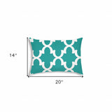 14" X 20" Turquoise And White Blown Seam Quatrefoil Lumbar Indoor Outdoor Pillow