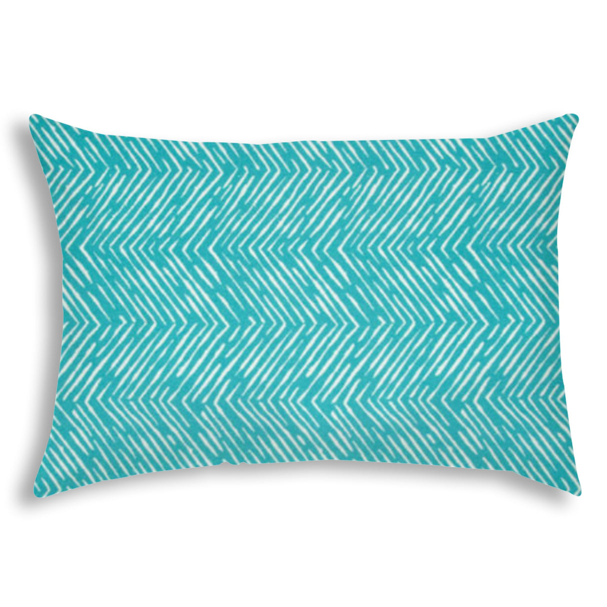 14" X 20" Turquoise And White Blown Seam Zigzag Lumbar Indoor Outdoor Pillow