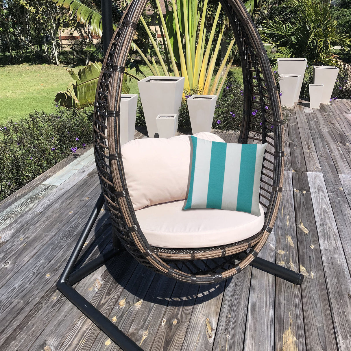 14" X 20" Turquoise And White Blown Seam Striped Lumbar Indoor Outdoor Pillow