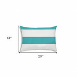 14" X 20" Turquoise And White Blown Seam Striped Lumbar Indoor Outdoor Pillow