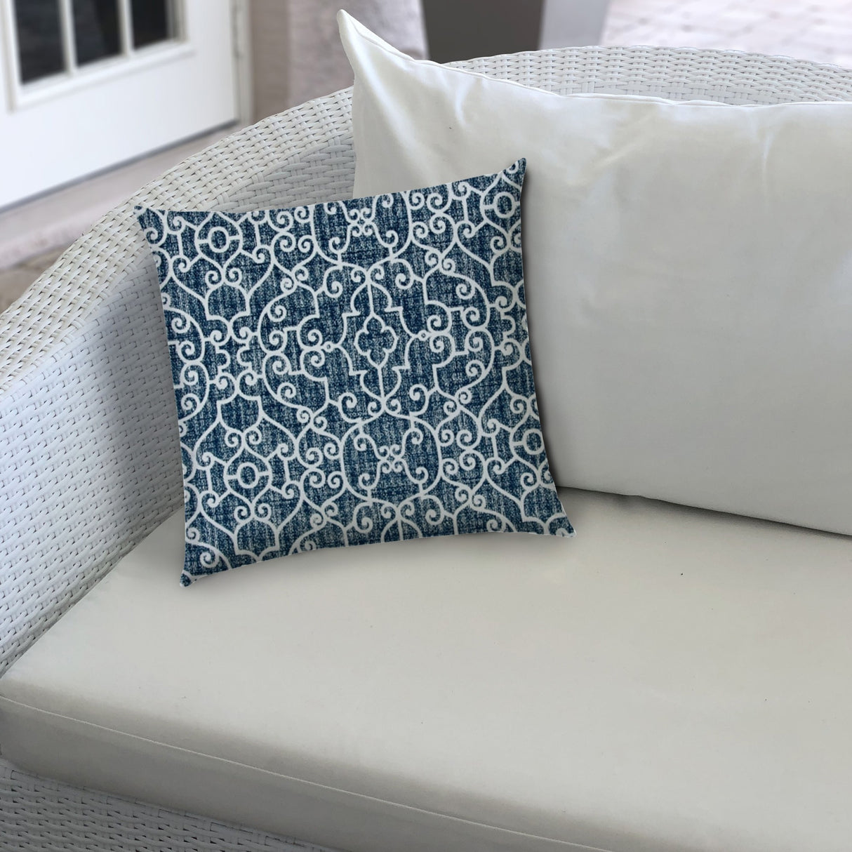 14" X 20" Indigo And Navy Blown Seam Stencil Lumbar Indoor Outdoor Pillow