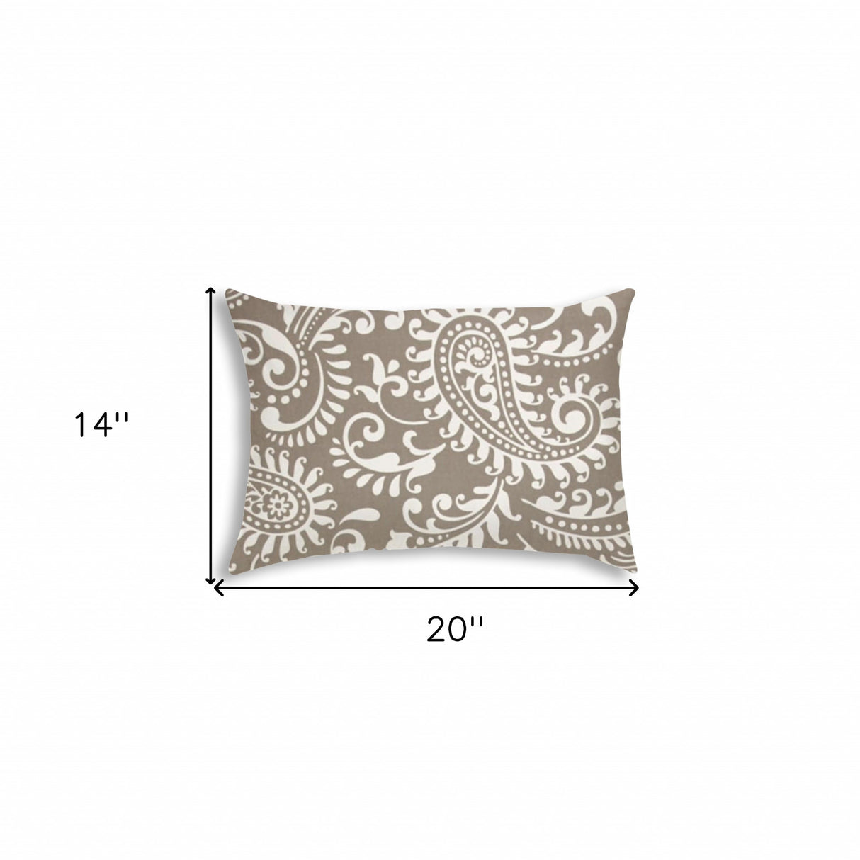 14" X 20" Taupe And White Blown Seam Paisley Lumbar Indoor Outdoor Pillow