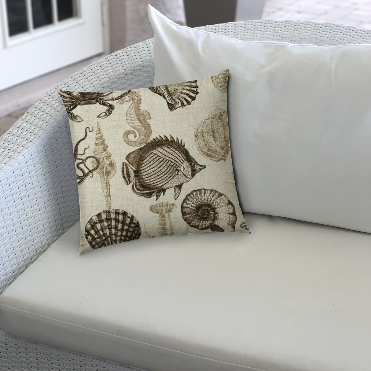 17" X 17" Brown And Natural Brown Fish Blown Seam Coastal Lumbar Indoor Outdoor Pillow