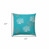 17" X 17" Aqua And White Corals Blown Seam Coastal Lumbar Indoor Outdoor Pillow