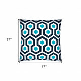 17" X 17" White And Aqua Blown Seam Geometric Lumbar Indoor Outdoor Pillow