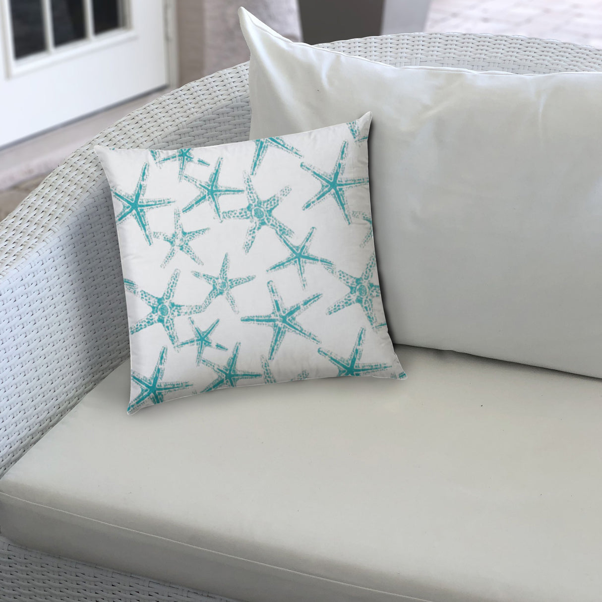 17" X 17" Turquoise And White Starfish Blown Seam Coastal Lumbar Indoor Outdoor Pillow