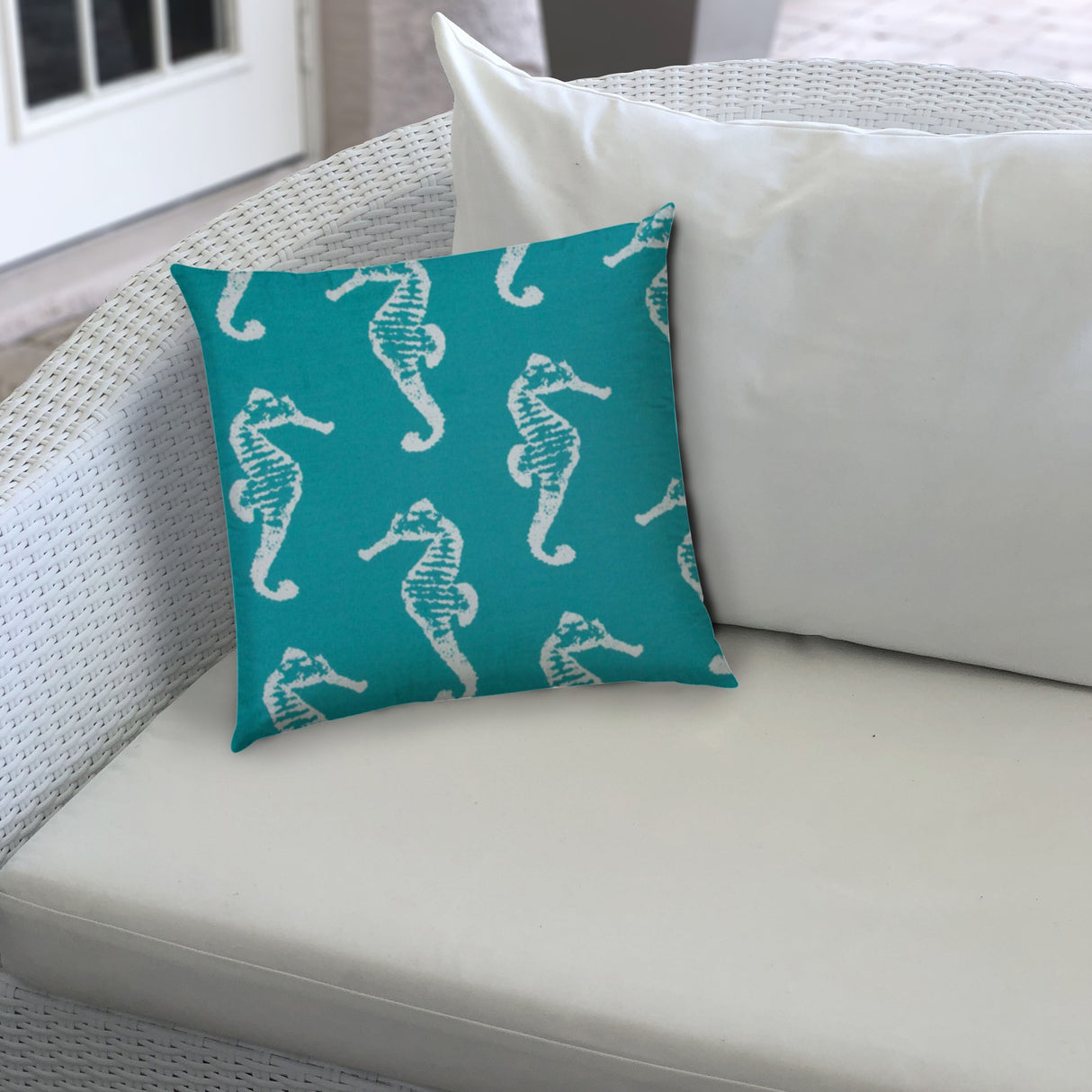 17" X 17" Turquoise And White Seahorse Blown Seam Coastal Lumbar Indoor Outdoor Pillow
