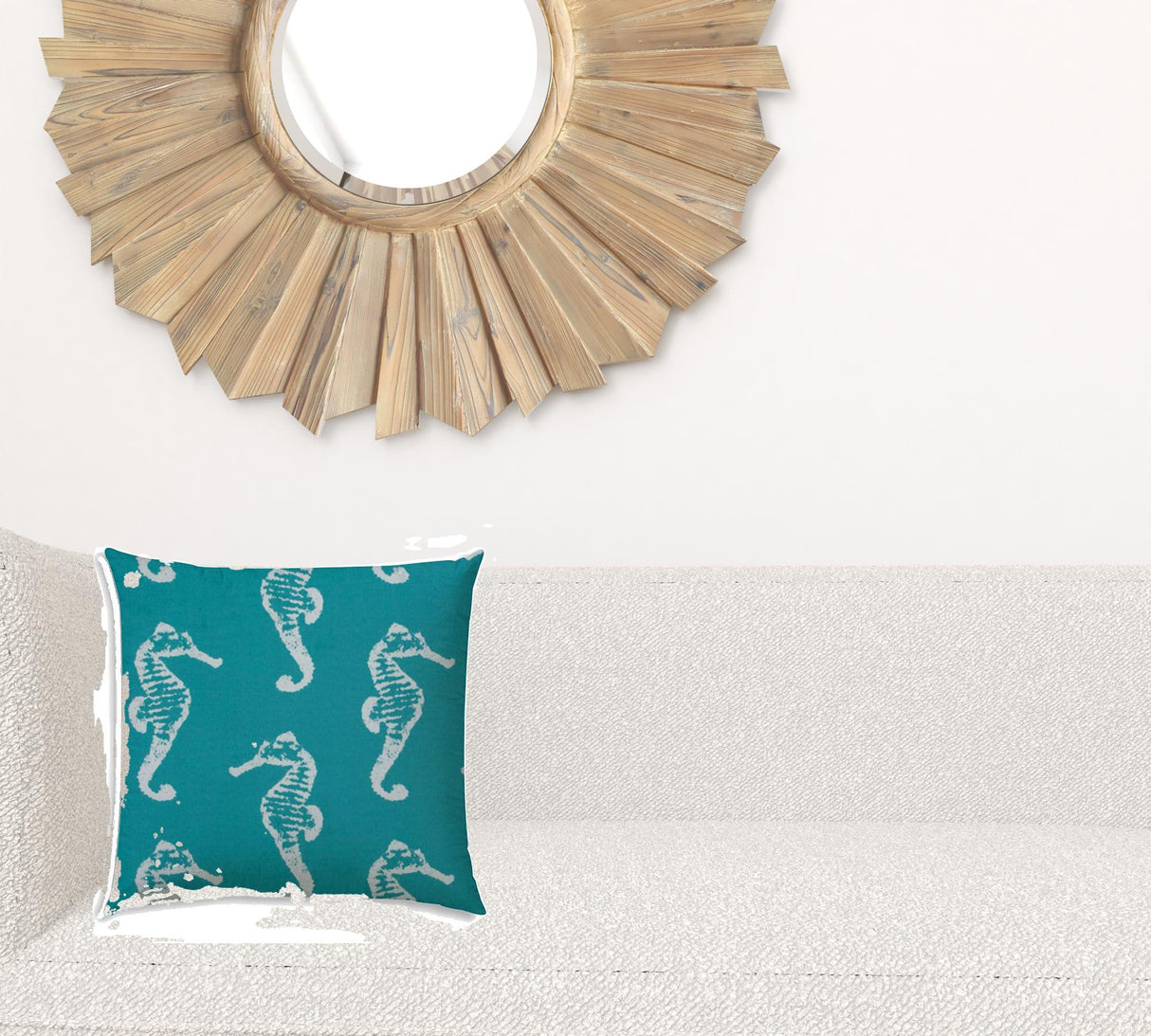 17" X 17" Turquoise And White Seahorse Blown Seam Coastal Lumbar Indoor Outdoor Pillow