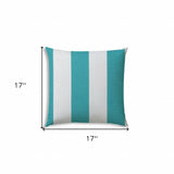 17" X 17" Turquoise And White Blown Seam Striped Lumbar Indoor Outdoor Pillow