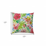 17" X 17" White And Green Blown Seam Floral Lumbar Indoor Outdoor Pillow