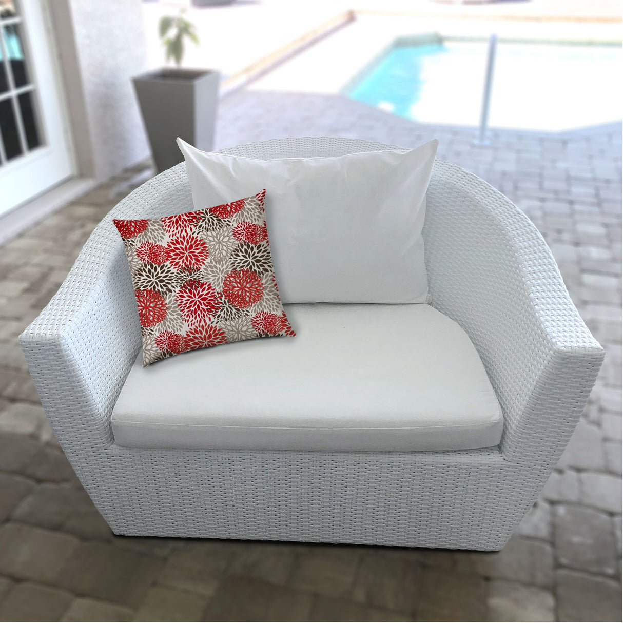 17" X 17" Red And White Blown Seam Floral Lumbar Indoor Outdoor Pillow