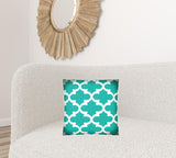 17" X 17" Turquoise And White Zippered Quatrefoil Throw Indoor Outdoor Pillow