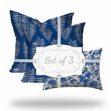 Set Of Three 20" X 20" Blue And White Enveloped Coastal Throw Indoor Outdoor Pillow Cover