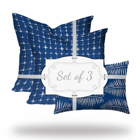 Set Of Three 20" X 20" Blue And White Enveloped Gingham Throw Indoor Outdoor Pillow Cover