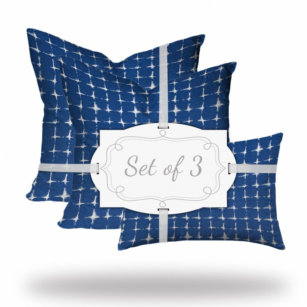 Set Of Three 20" X 20" Blue And White Blown Seam Gingham Throw Indoor Outdoor Pillow