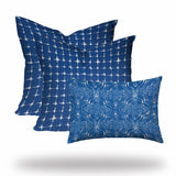 Set Of Three 20" X 20" Blue And White Enveloped Gingham Throw Indoor Outdoor Pillow Cover