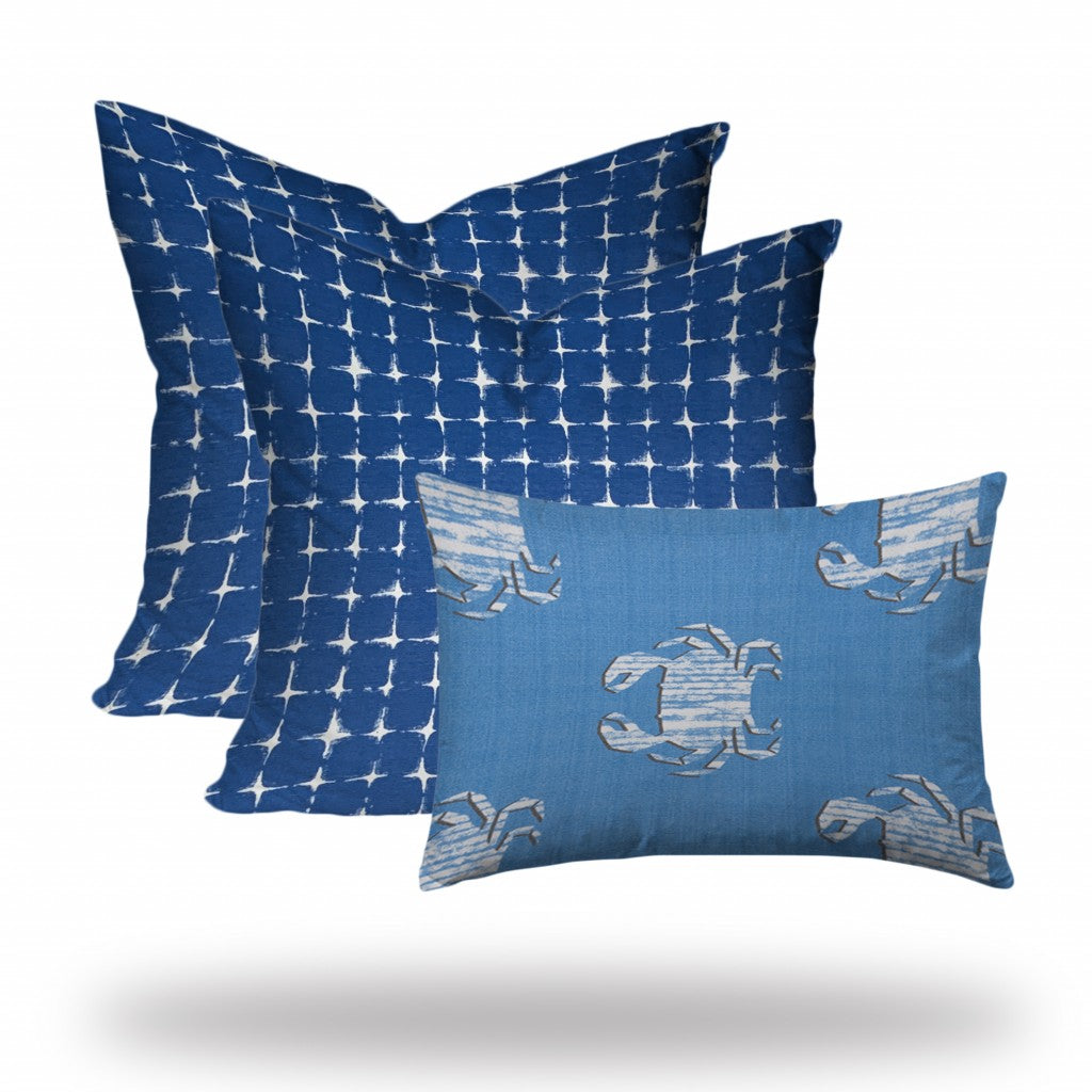 Set Of Three 20" X 20" Blue And White Enveloped Coastal Throw Indoor Outdoor Pillow