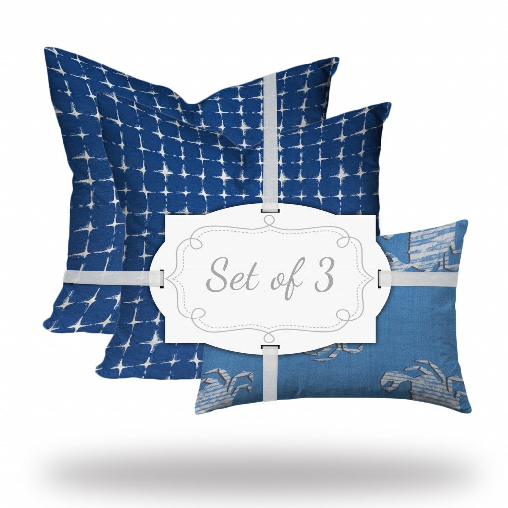 Set Of Three 20" X 20" Blue And White Enveloped Coastal Throw Indoor Outdoor Pillow