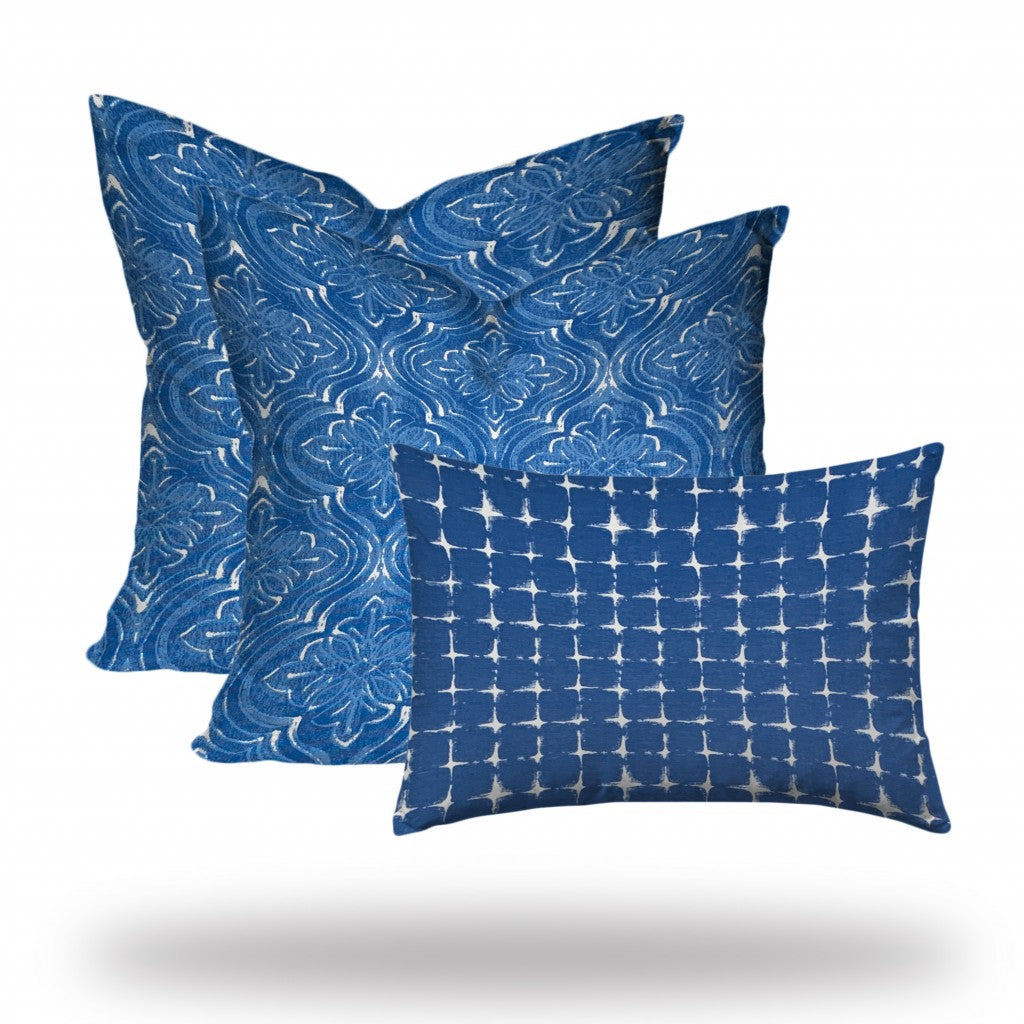 Set Of Three 20" X 20" Blue And White Enveloped Coastal Throw Indoor Outdoor Pillow