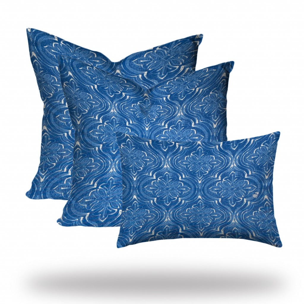 Set Of Three 20" X 20" Blue And White Enveloped Coastal Throw Indoor Outdoor Pillow Cover