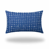 14" X 24" Blue And White Zippered Gingham Lumbar Indoor Outdoor Pillow Cover