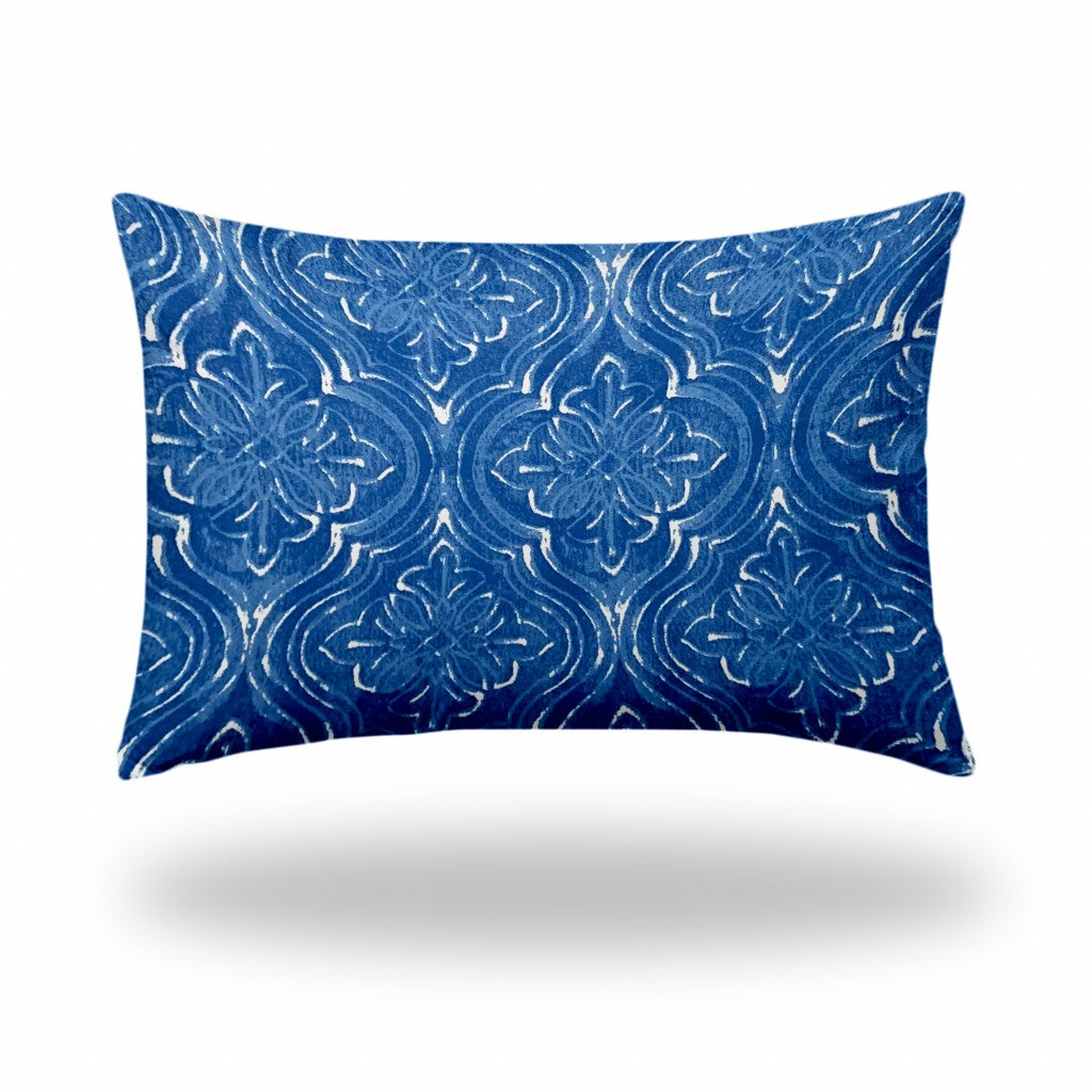 12" X 16" Blue And White Zippered Ikat Lumbar Indoor Outdoor Pillow