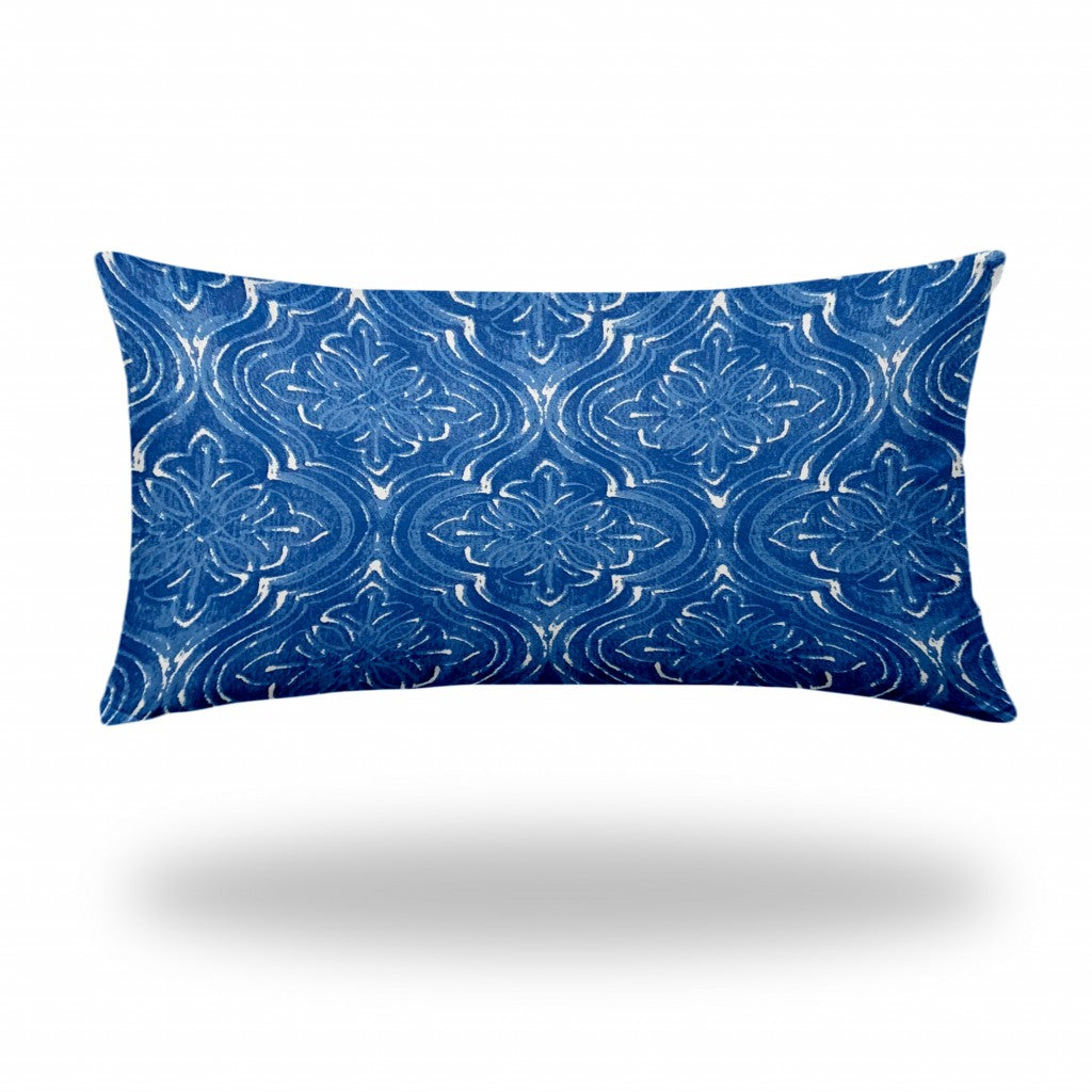 12" X 16" Blue And White Zippered Ogee Lumbar Indoor Outdoor Pillow Cover