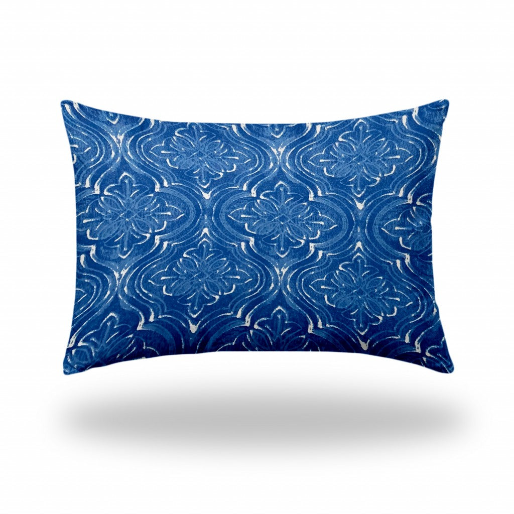 12" X 16" Blue And White Zippered Ogee Lumbar Indoor Outdoor Pillow Cover