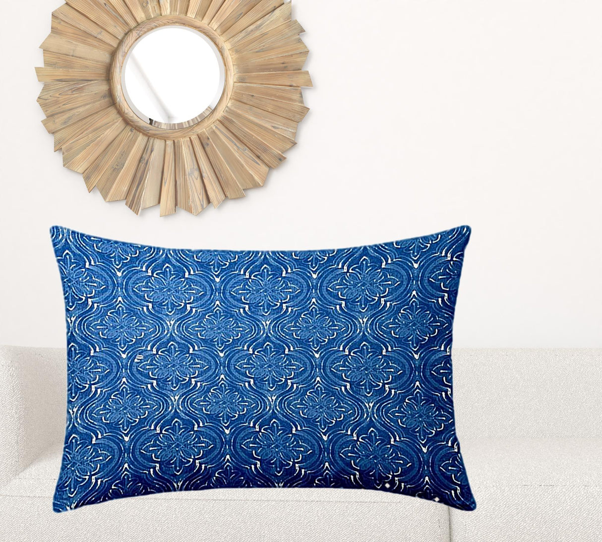 12" X 16" Blue And White Zippered Ikat Lumbar Indoor Outdoor Pillow