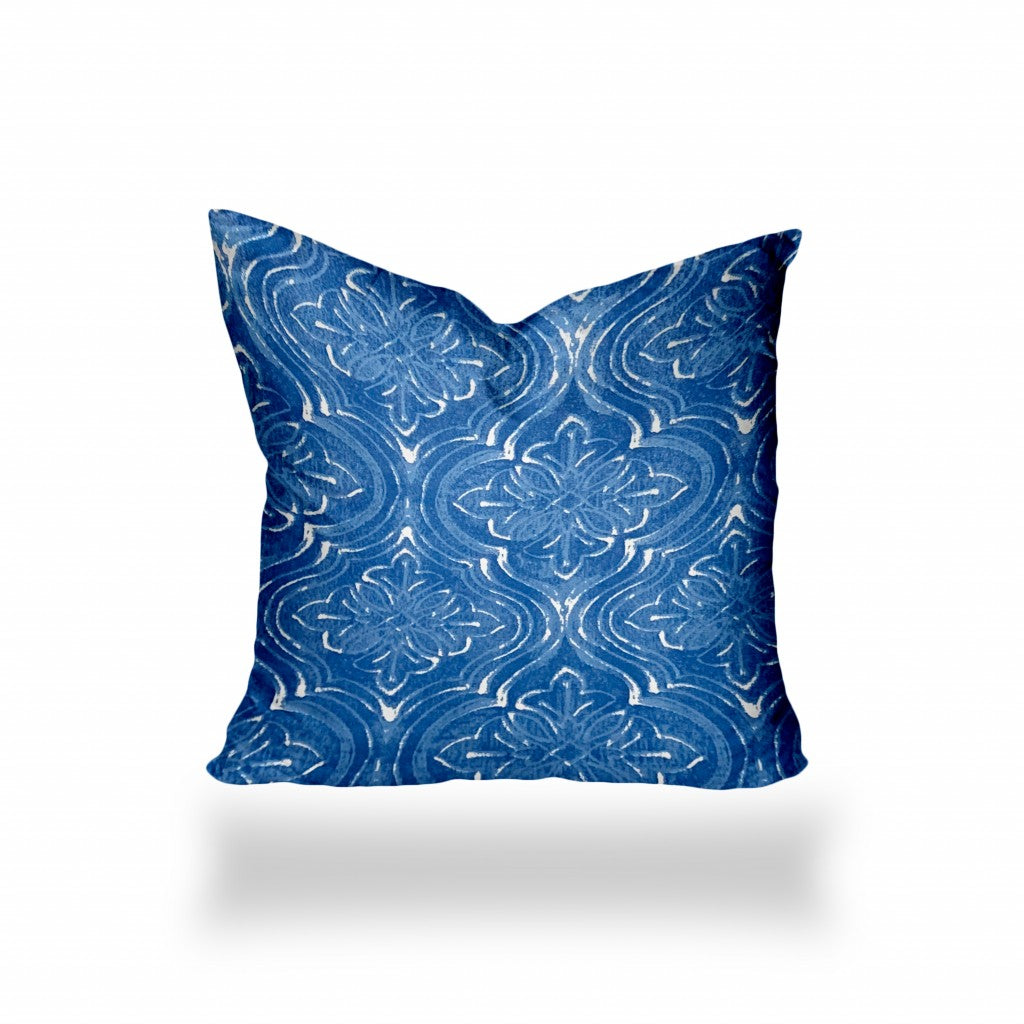 12" X 16" Blue And White Zippered Ikat Lumbar Indoor Outdoor Pillow