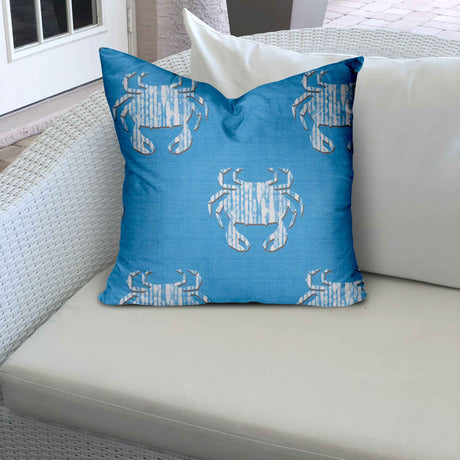 16" X 16" Blue And White Crab Zippered Coastal Throw Indoor Outdoor Pillow Cover