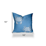 16" X 16" Blue And White Crab Zippered Coastal Throw Indoor Outdoor Pillow Cover